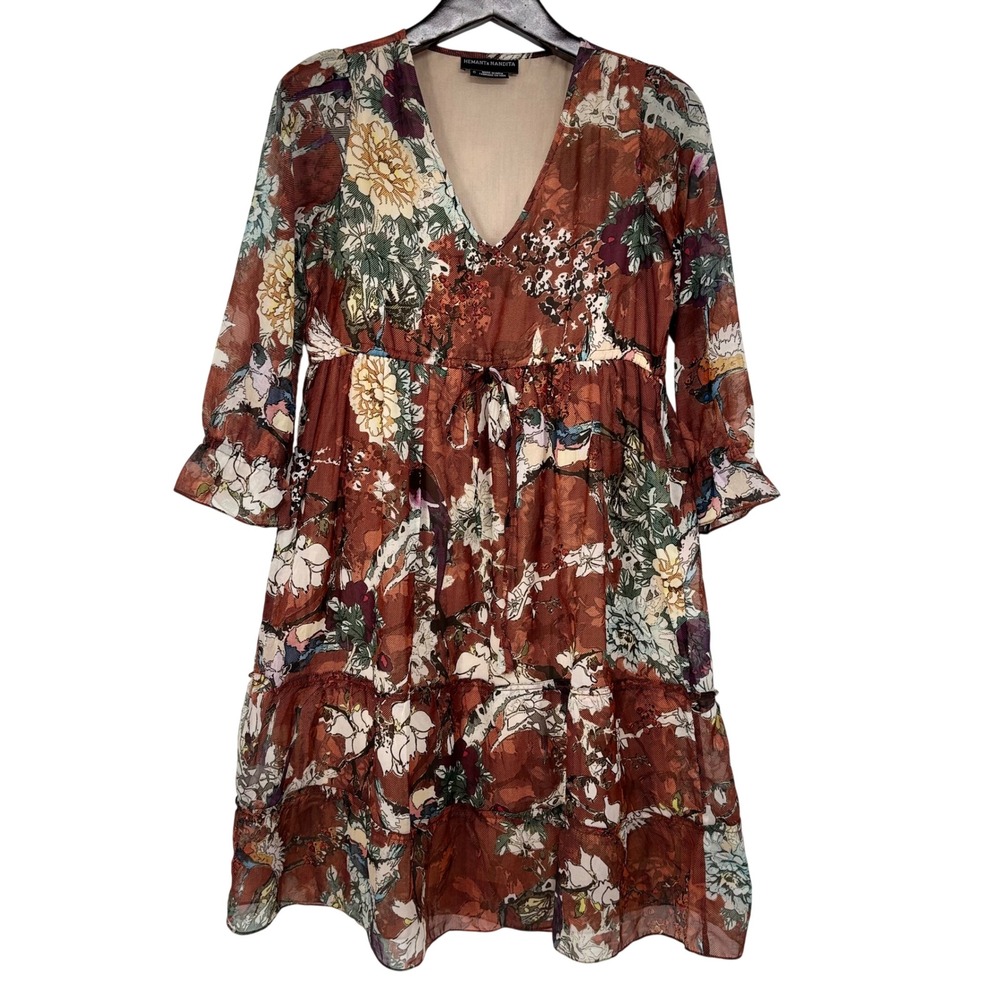 Hemant and Nandita Floral Bird Print Tiered Mini Dress Rust Orange Size 0 Womens
